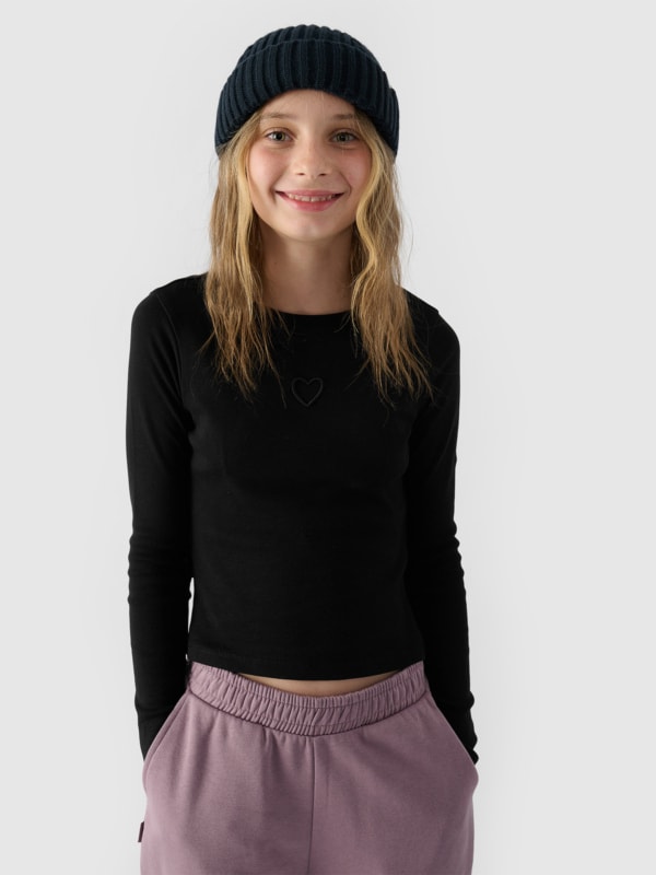 Camisola De Manga Comprida Justa Lisa Para Rapariga - Preto - 4FJWAW24TLONF292      