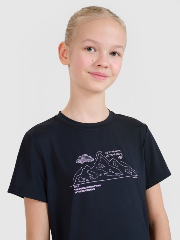 T-shirt de trekking slim para rapariga com estampado - preto 4FJWSS25TFTSF1199 preto