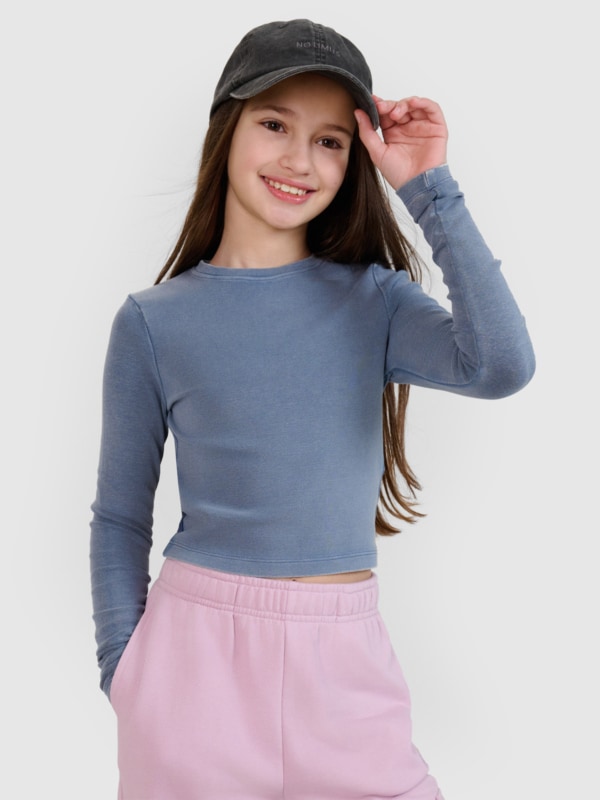 Camisola De Manga Comprida Justa Lisa Para Rapariga - Azul Marinho - 4FJWSS25TLONF430       