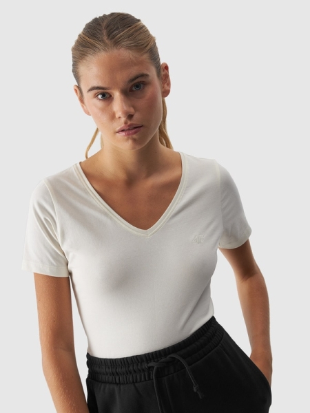 T-shirt com Decote em V para Mulher - Bege - 4FWAW24TTSHF1649   	