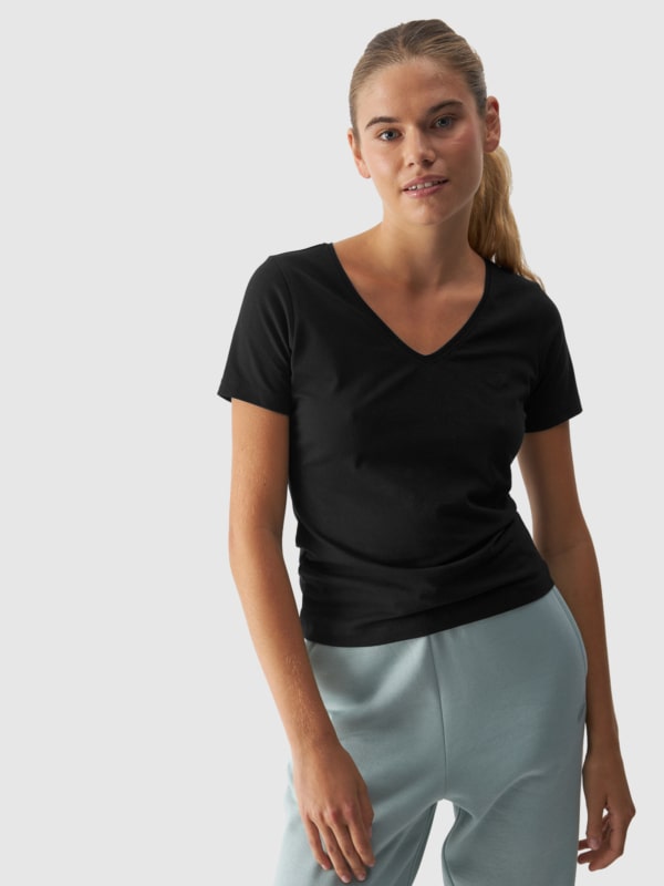 T-shirt com Decote em V para Mulher - Preto - 4FWAW24TTSHF1649   	