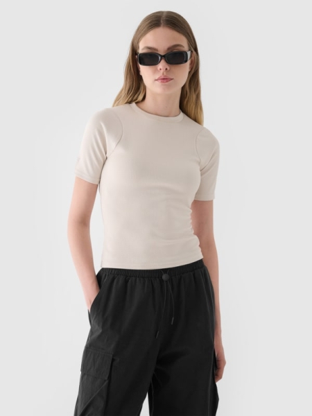T-shirt slim crop-top lisa para mulher - bege 4FWAW24TTSHF1806 Bege