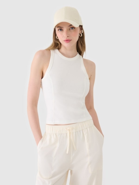 Top feminino em malha canelada fina - branco 4FWSS25TSLEF119 Branco