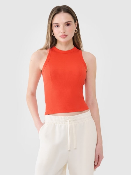 Top feminino em malha canelada fina - vermelho 4FWSS25TSLEF119 Vermelho