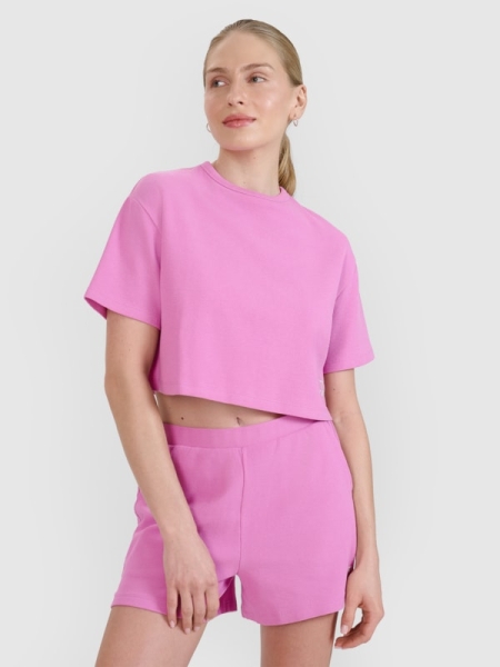 T-shirt feminina em malha waffle com corte no topo - rosa 4FWSS25TTSHF1977 rosa